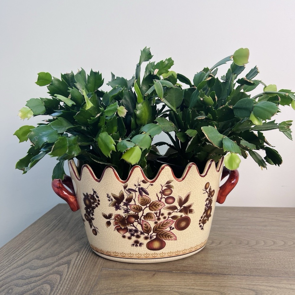 Vintage MZ China Scalloped Cachepot Planter Bowl Fruit Motif Handles 11 Inch